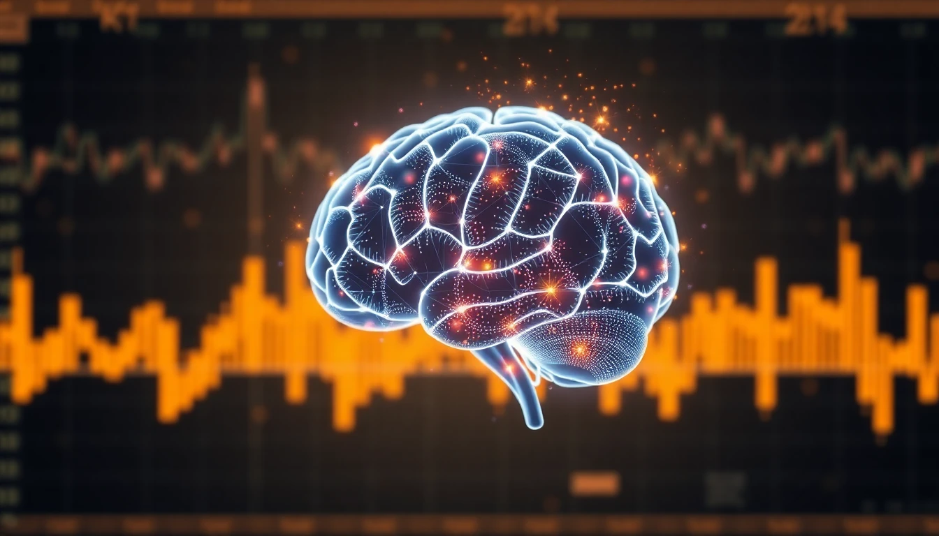 Futuristische KI-Visualisierung die Devisenhandel-Daten analysiert, leuchtendes Gehirn aus Datenpunkten
